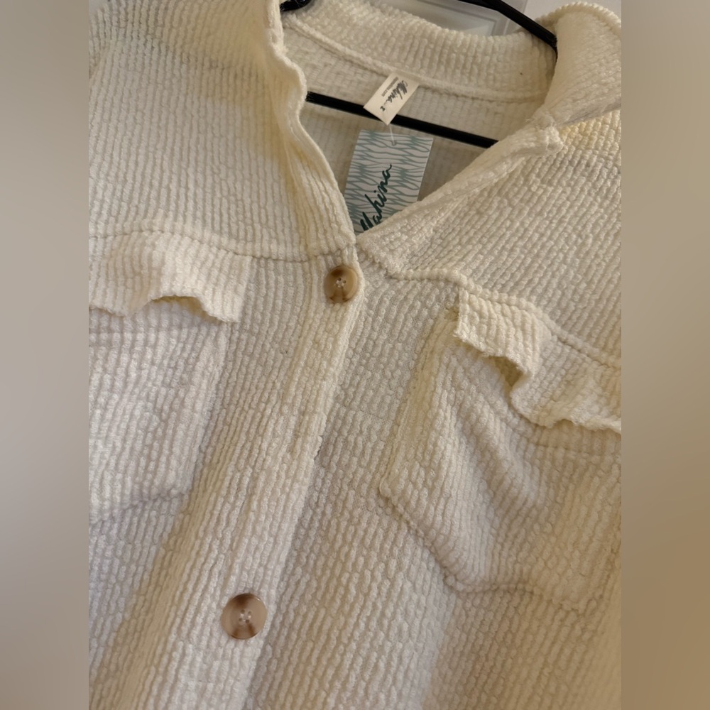 mahina Cream Button-Down Textured Ruffle Pocket Shirt